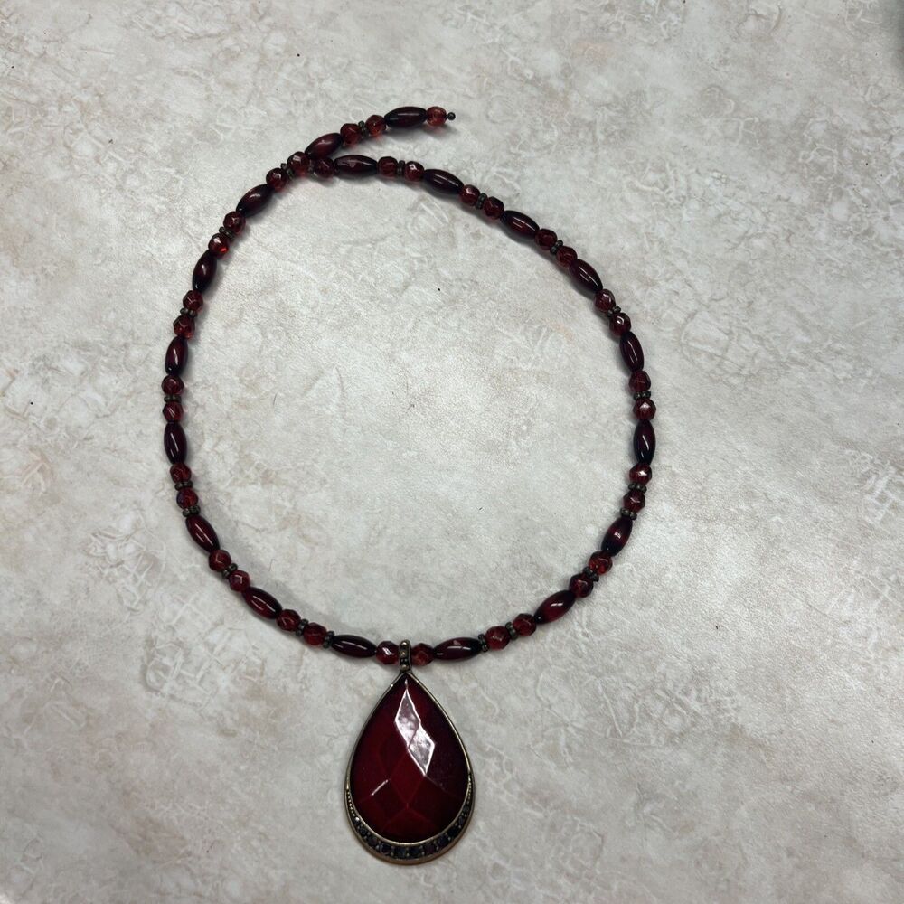 Vintage Monet Red Rhinestone Teardrop Pendant Red Bead Choaker